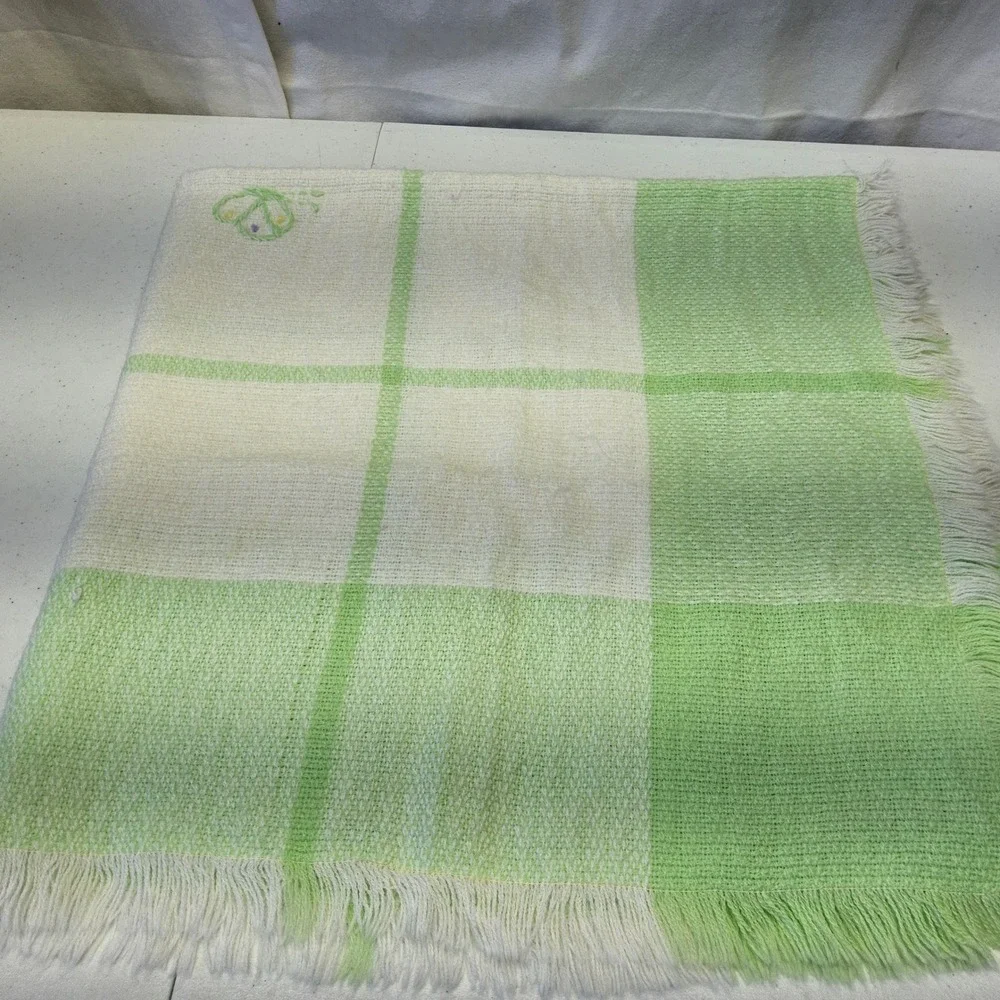 The Three Weavers Handwoven Baby Blanket Kids Green White Butterfly Plaid Fringe